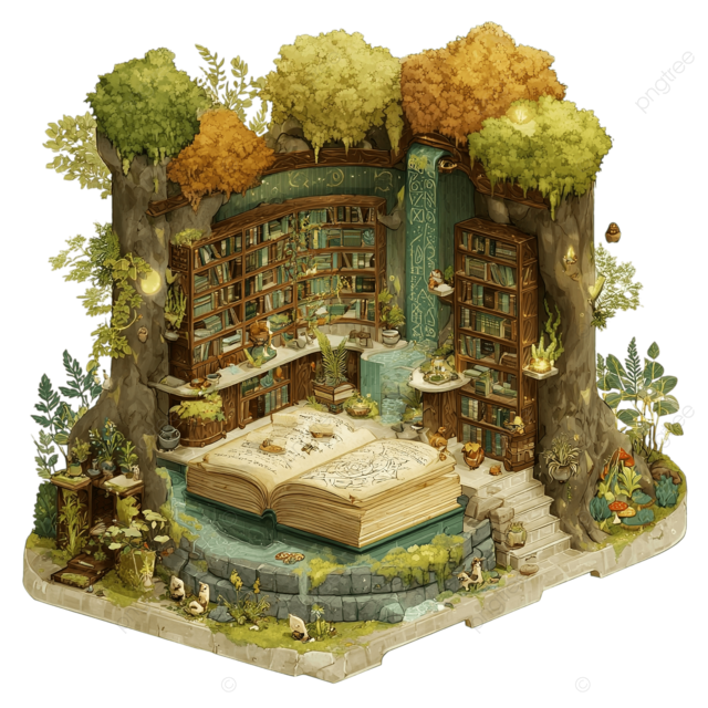 带有漂浮卷轴和发光符文的附魔空心树库