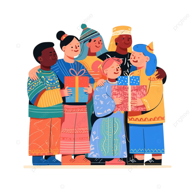 来自不同文化的孩子在一个快乐的插图中交换礼物和拥抱