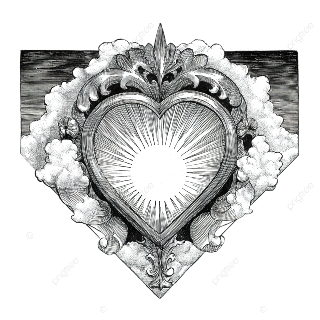 穆夏风格的情人节心形插图，白色背景上散发着光芒