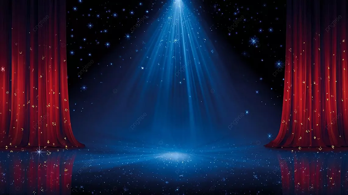 星光灯下有蓝色背景和红色窗帘的舞台
