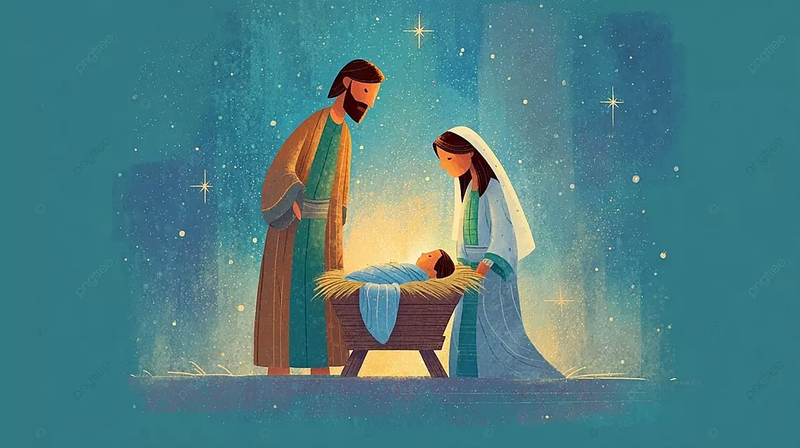 宁静的圣诞节诞生场景与圣人在星空下的天空下