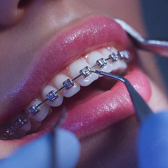 用蓝色照明和专业牙科设备的正畸牙套的特写