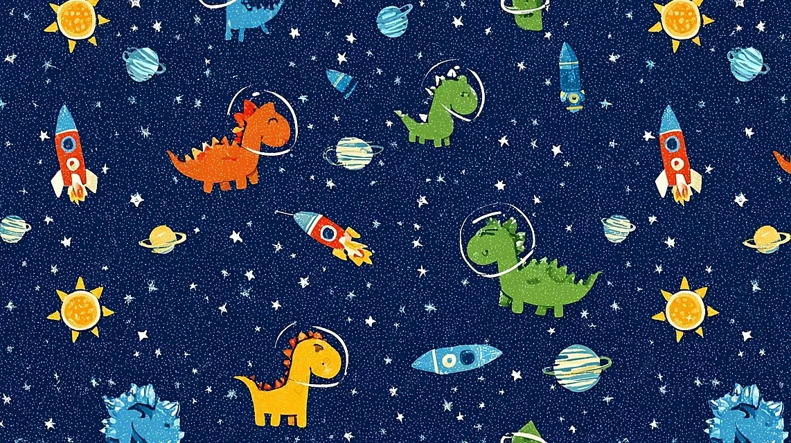 带有恐龙头盔的恐龙和五颜六色火箭的嬉戏空间主题设计