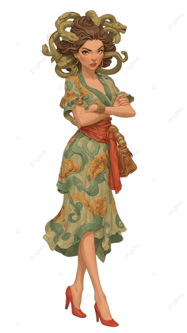 美杜莎的角色艺术与蛇和红色鞋子在白色背景
