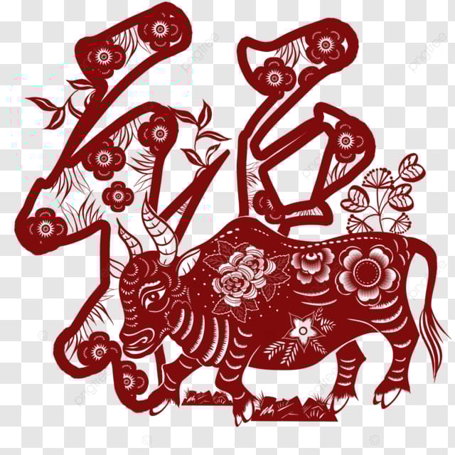 春节十二生肖剪纸红色传统节日福字牛年