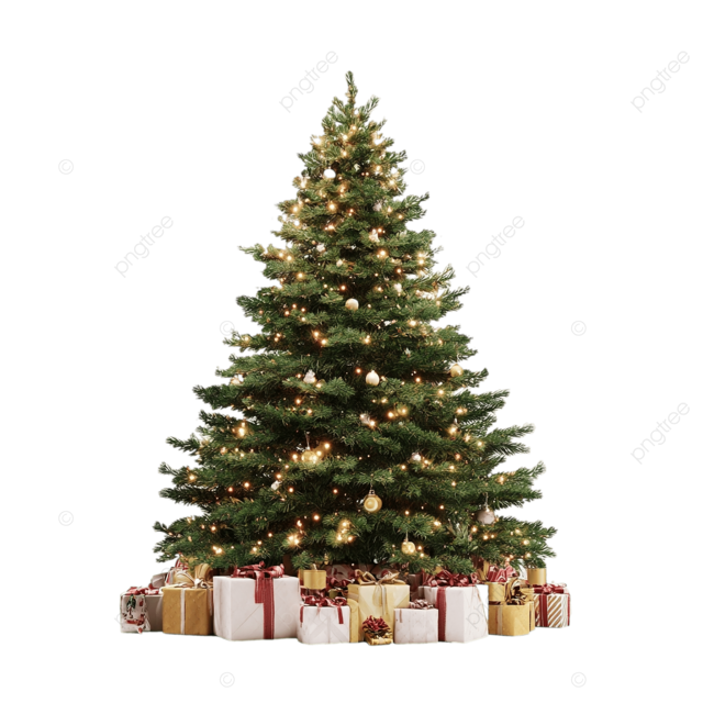 明亮的圣诞树，带有灯光和礼物在白色背景