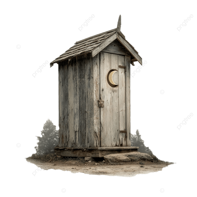 灰色阴天下树木环绕的迷人老户外厕所