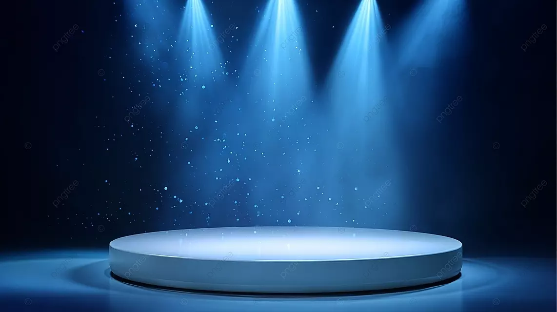 现代舞台，在蓝色聚光灯下有白色圆形平台
