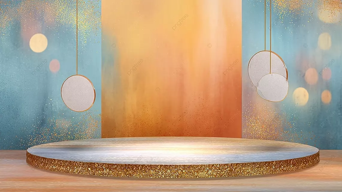 装饰性舞台背景，带有梯度蓝色至橙色和金色圆形平台