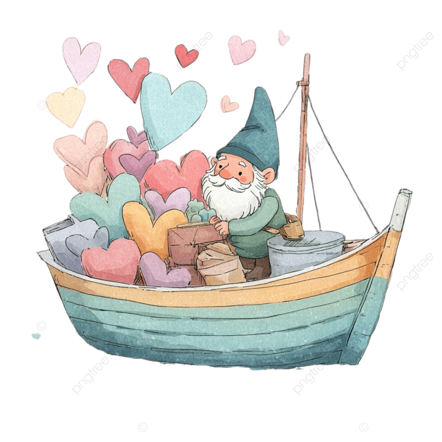 情人节主题的侏儒在一艘可爱的渔船上送来淡彩的爱心，共六幅矢量插图
