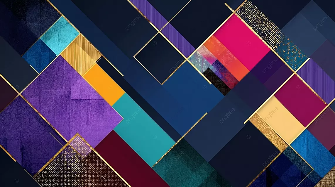 色彩丰富的抽象几何图案与对角条纹在深蓝色背景上