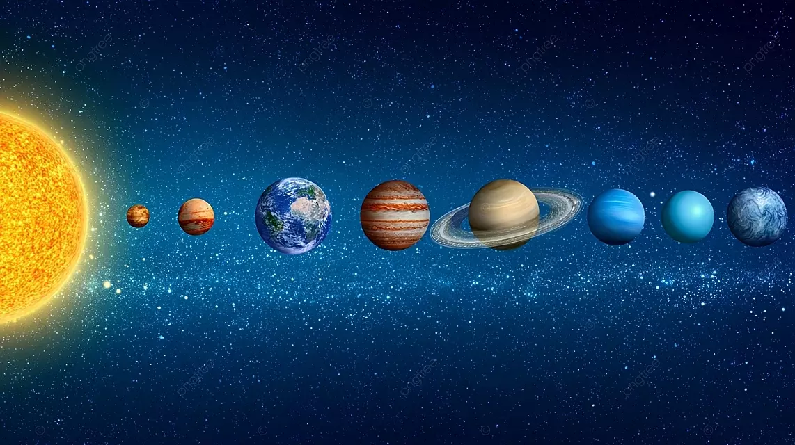 太阳系插图带有太阳和行星在深蓝色星空背景上