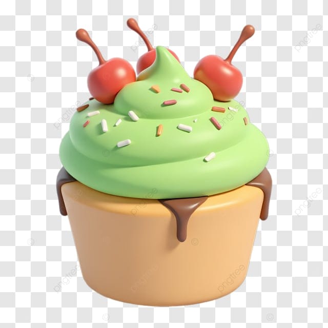 用绿色奶油樱桃和巧克力糖霜装饰的杯子蛋糕