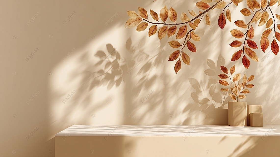在米色背景下的白色桌面上的秋叶阴影