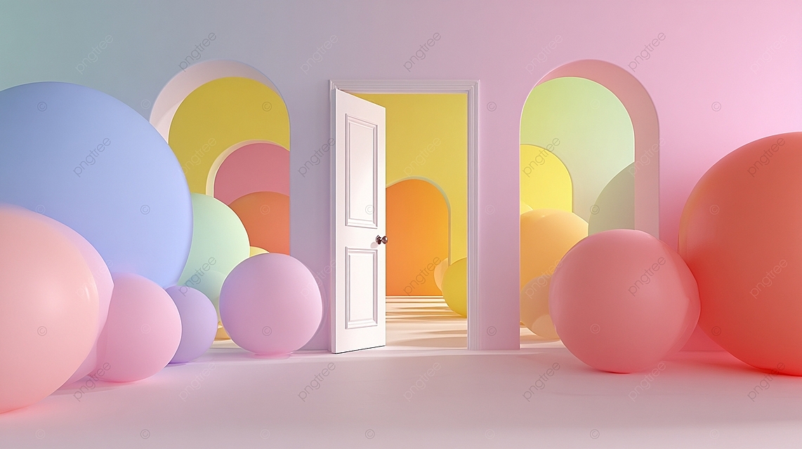 明亮欢快的空间里，色彩缤纷的柔和球体和敞开的门