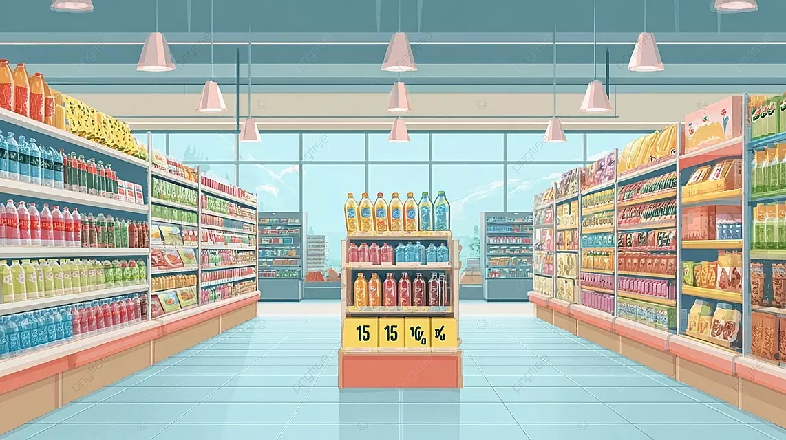 超市的过道，带饮料的货架食品和促销展示