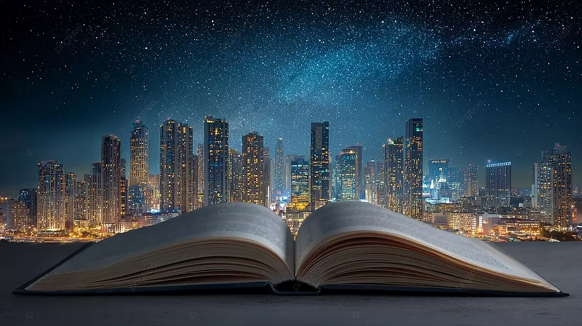 打开的书，上面有城市景观和星空