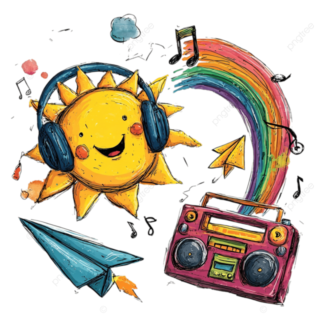 用蜡笔涂鸦的快乐太阳和带有彩色音符的音箱