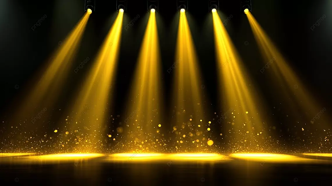 舞台灯光效果六盏亮黄色聚光灯，带有金色圆点