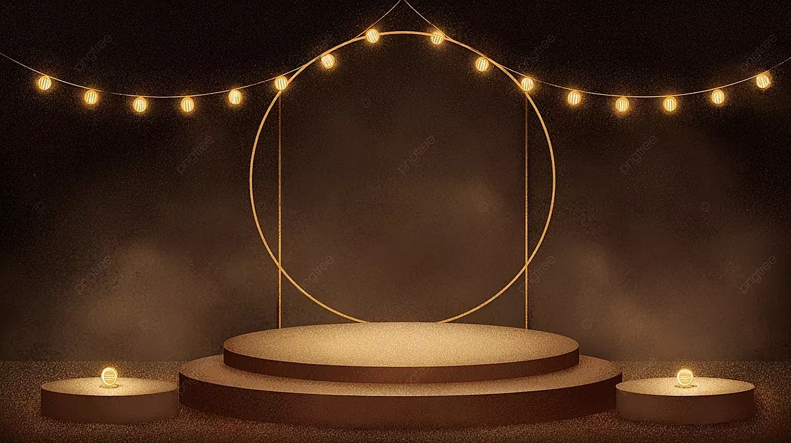 在黑暗舞台上带有发光灯光的金色圆形框架