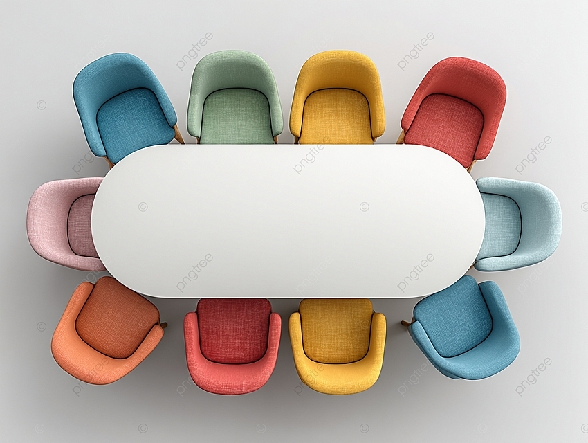  3D 渲染中白色椭圆形桌面周围色彩缤纷的椅子