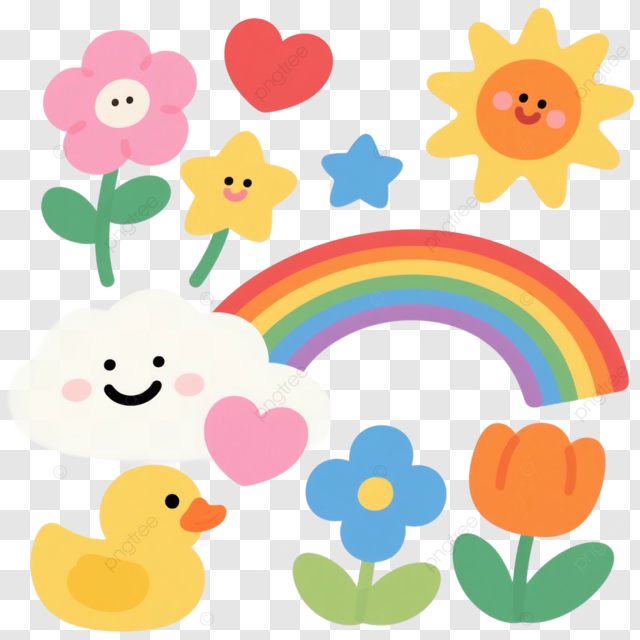 卡通风格鲜花彩虹爱心太阳