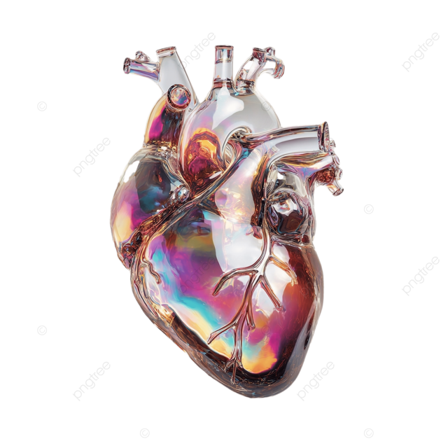 充满活力的3D心形和全息玻璃在白色背景上的效果