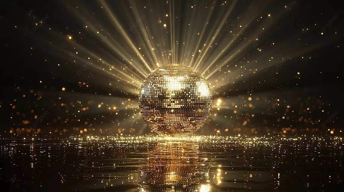 黄金迪斯科球辐射耀眼的光线在黑暗的星空背景上