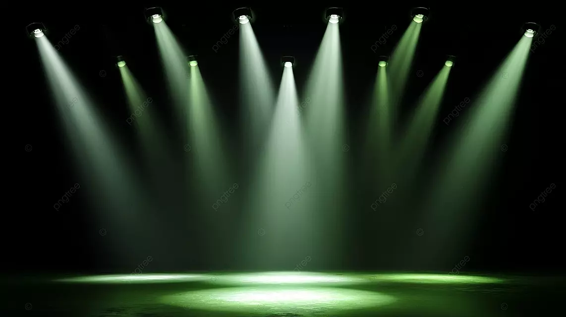 舞台照明场景明亮的聚光灯白光束绿地板黑暗背景