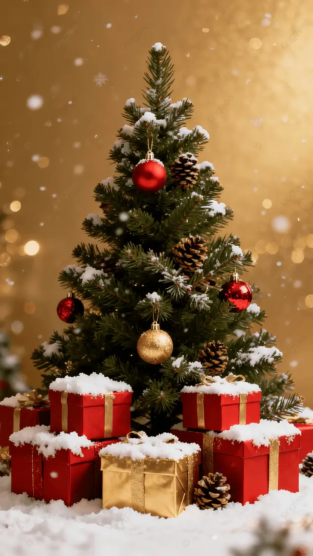 圣诞节米色圣诞树红礼雪背景