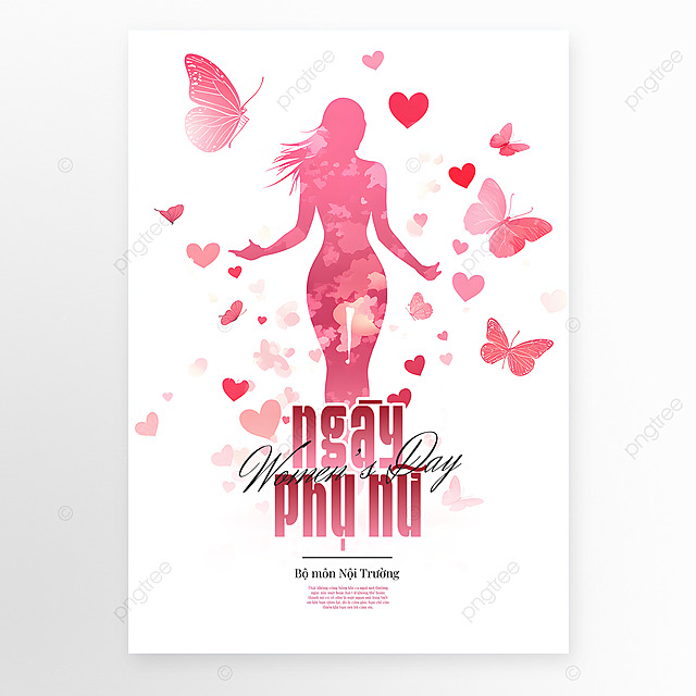 卡通插画爱心蝴蝶女人剪影越南女人节节日祝福海报