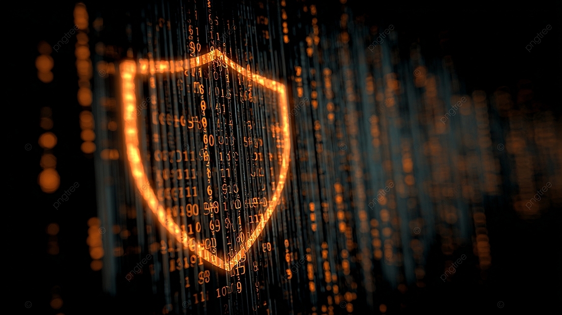 发光的数字屏蔽图标象征着针对二进制代码背景的网络空间安全性