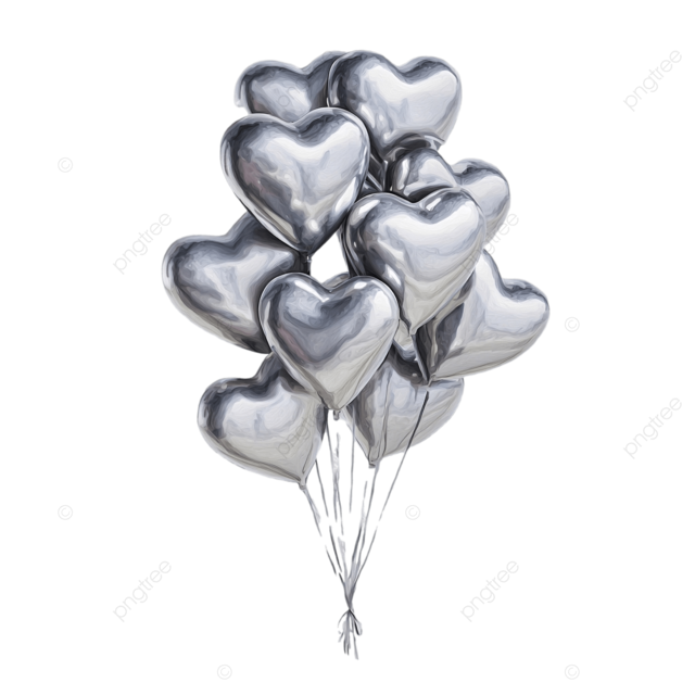 心形的银色水彩气球剪贴画浪漫情人节