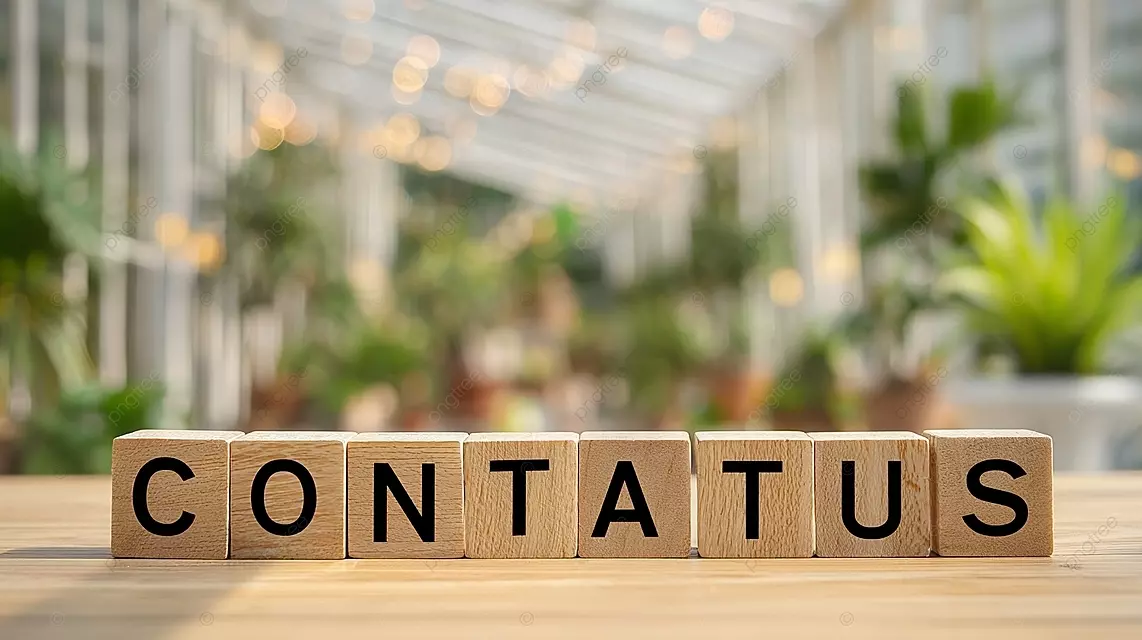 木块拼写在浅色桌面上与我们联系