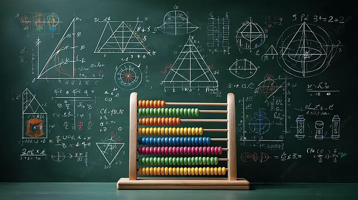 绿色黑板上有数学公式和几何形状，还有彩色算盘
