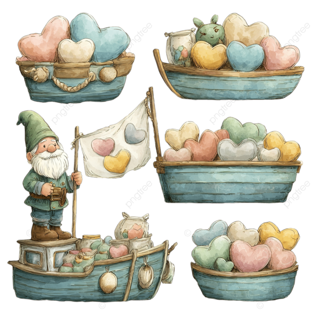 情人节主题的侏儒在渔船上送来淡彩爱心矢量插图