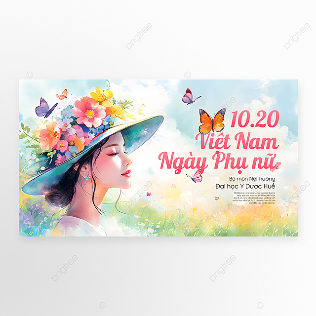 卡通插画水粉鲜花蝴蝶女人侧脸越南女人节节日祝福网页横幅