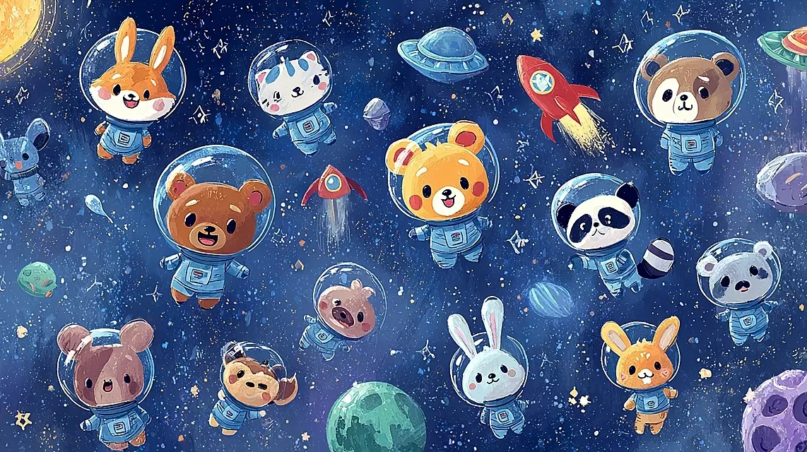 异想天开的空间场景，动物宇航员漂浮在星星和火箭