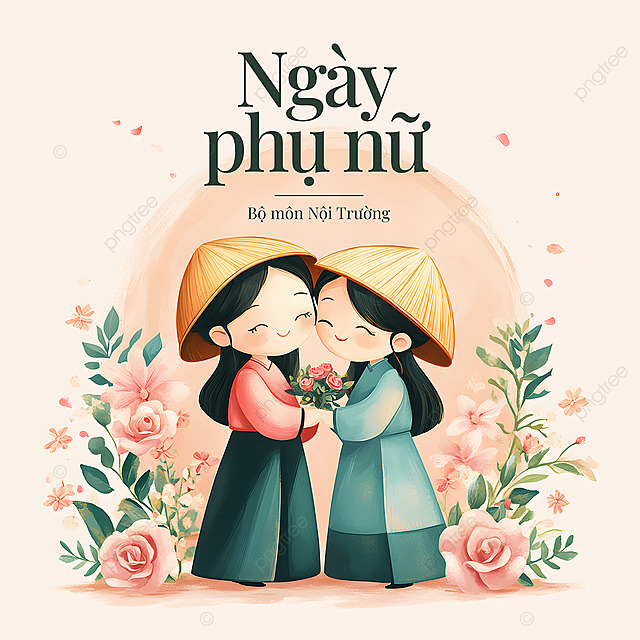 卡通插画花卉植物叶子女人拥抱越南女人节节日祝福社交媒体广告
