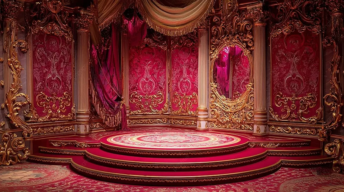 优雅的舞台环境，带有红色墙纸粉红色窗帘和金色卷轴