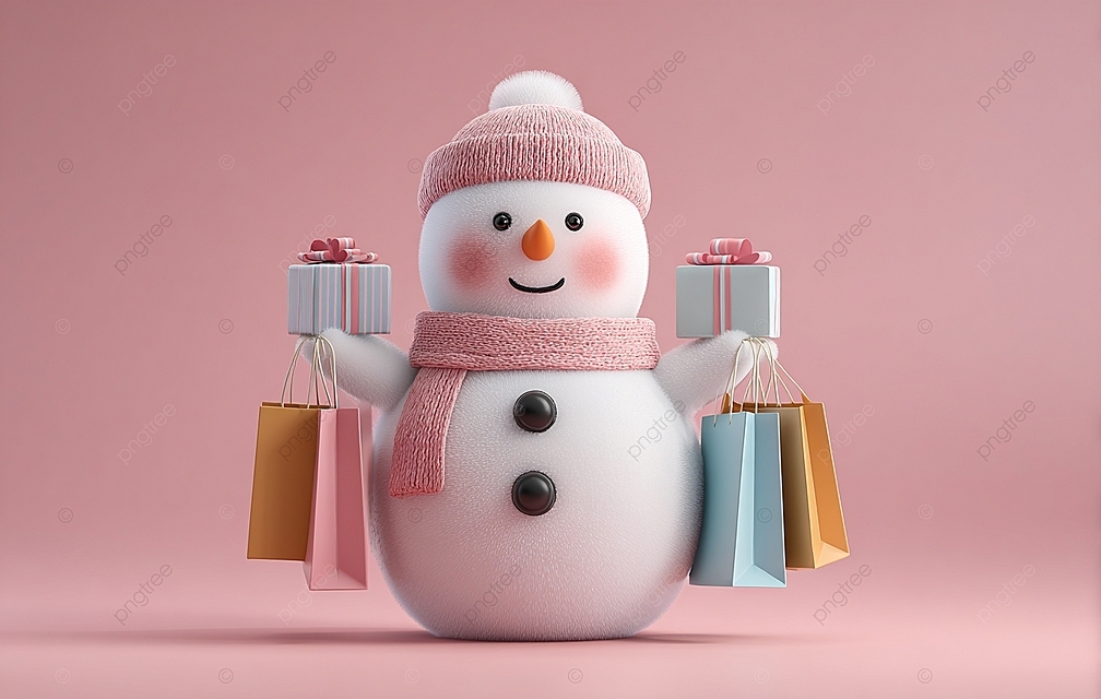 可爱的微笑雪人，在粉红色背景上有礼物的圣诞节促销
