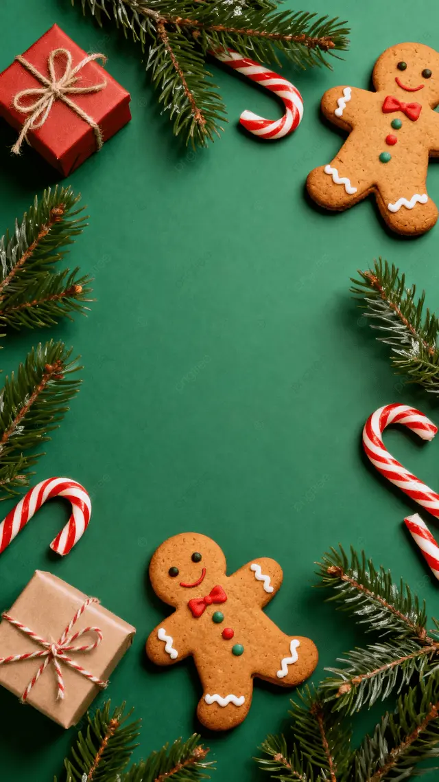 圣诞节绿色姜饼人红果背景