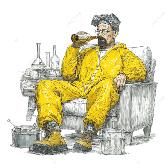 沃尔特 怀特身穿黄色防护服，拿着实验室设备喝啤酒