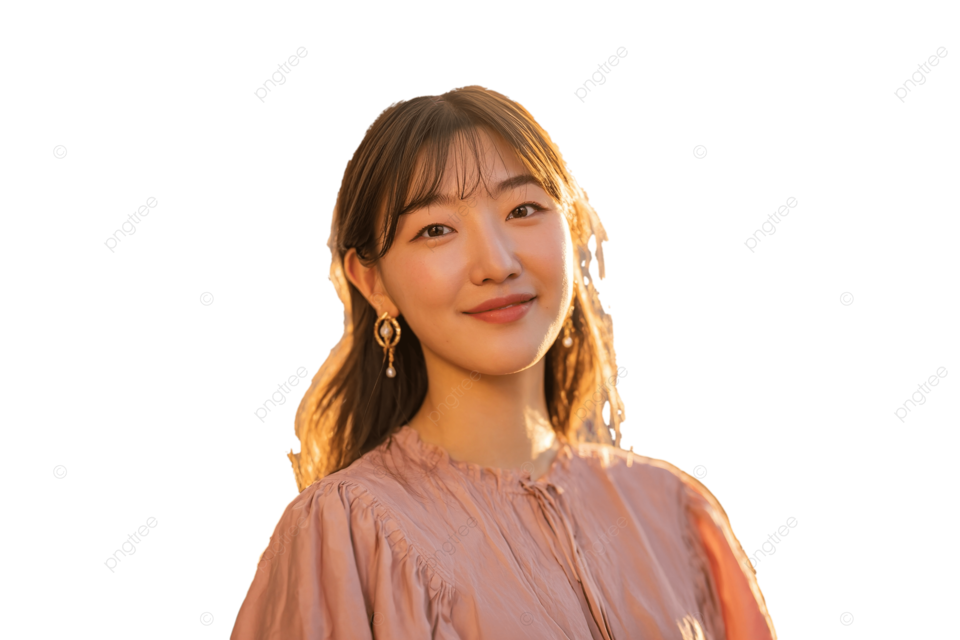 优雅的年轻韩国女人穿着粉红色衬衫在户外微笑