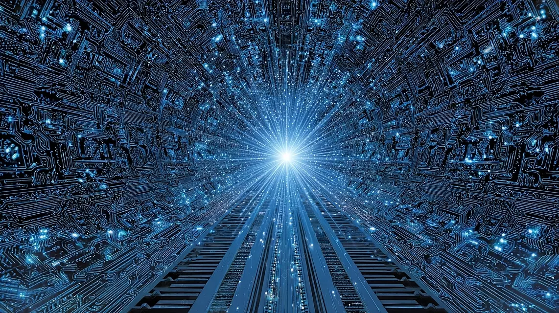 带电路模式和发光数据核心的未来派蓝色网络空间隧道