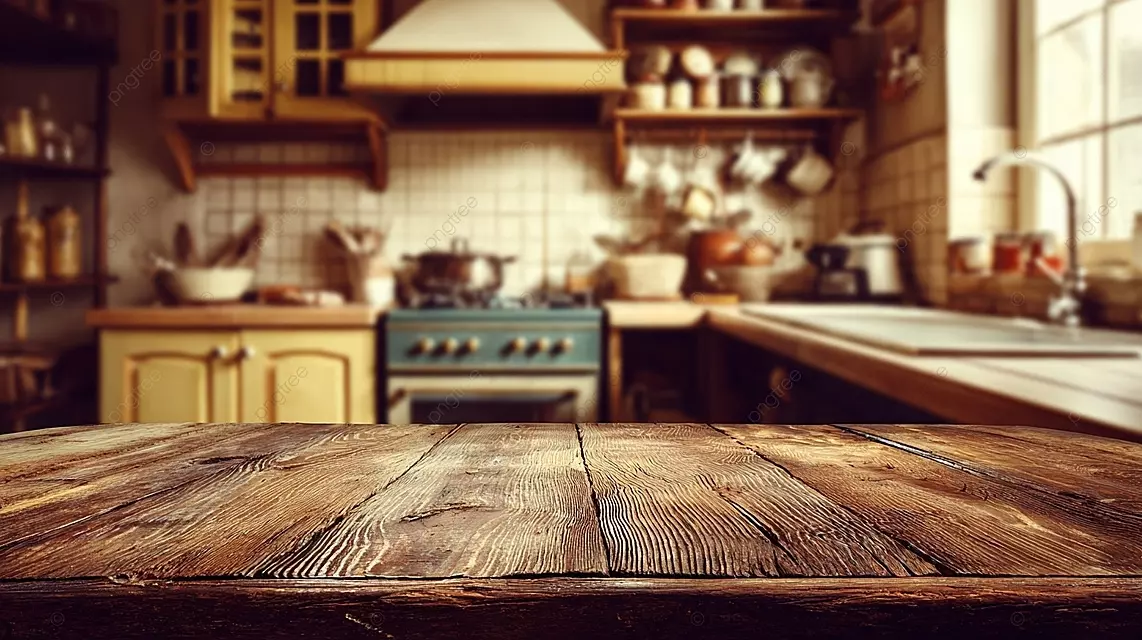 一个温暖的家常厨房场景，带有木桌和橱柜