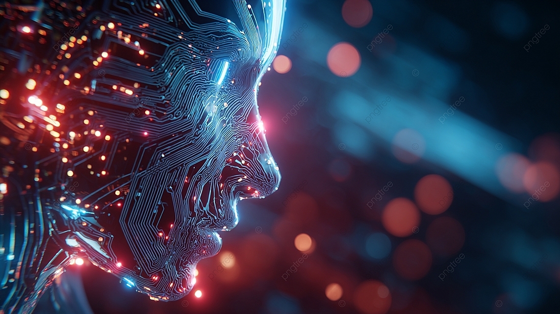 发光黑暗空间中具有人头和电路板的未来派 3D 人工智能技术渲染