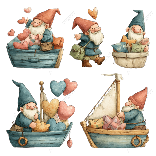 情人节主题的侏儒乘坐可爱的渔船送爱心