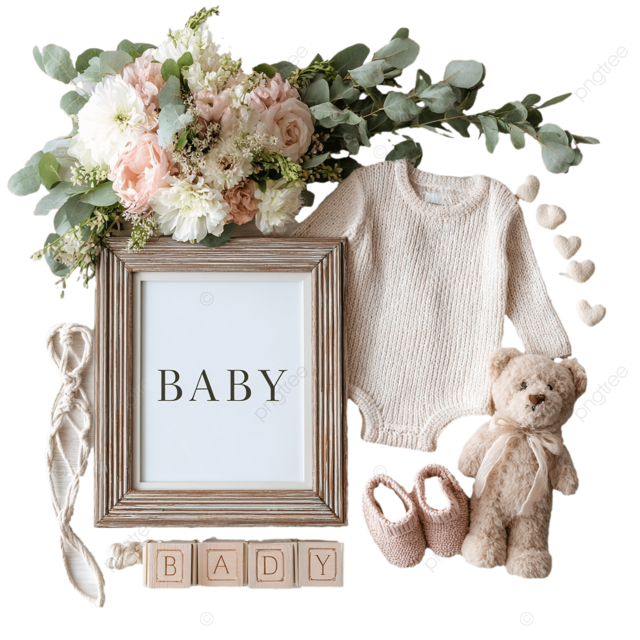 带有花心框架和质朴木质字母的婴儿公告模型