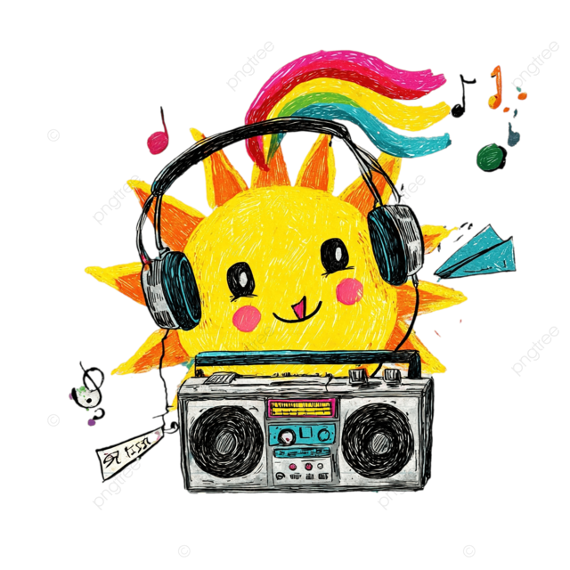 童趣涂鸦海报戴着耳机的微笑太阳彩虹音符复古音箱水彩溅